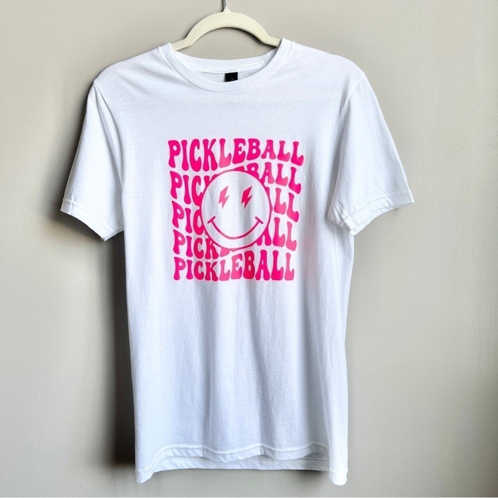 Pickleball T-shirt Women's Small White Hot Pink Smiley Face Athletic Sporty Fun